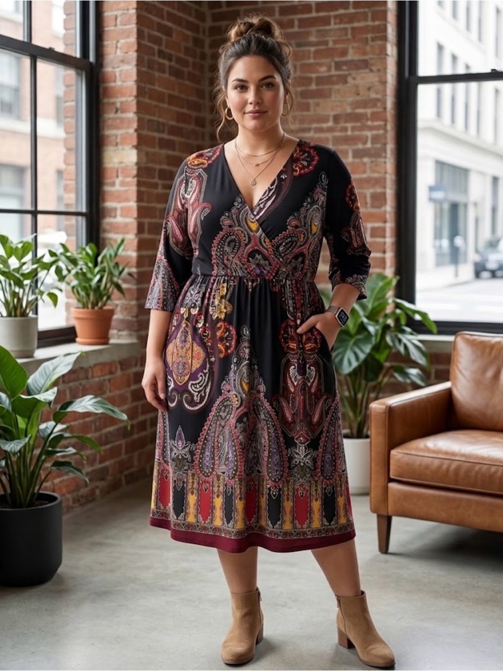 Monroe and Main Plus Size 2X Floral A Line Dress Midi Fall Paisley Boho Cottage